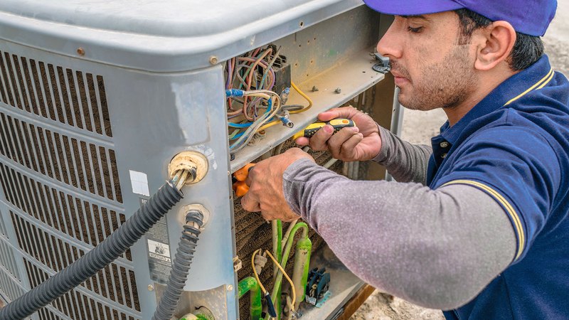 a close-up of a heating service technician fixing a heating unit